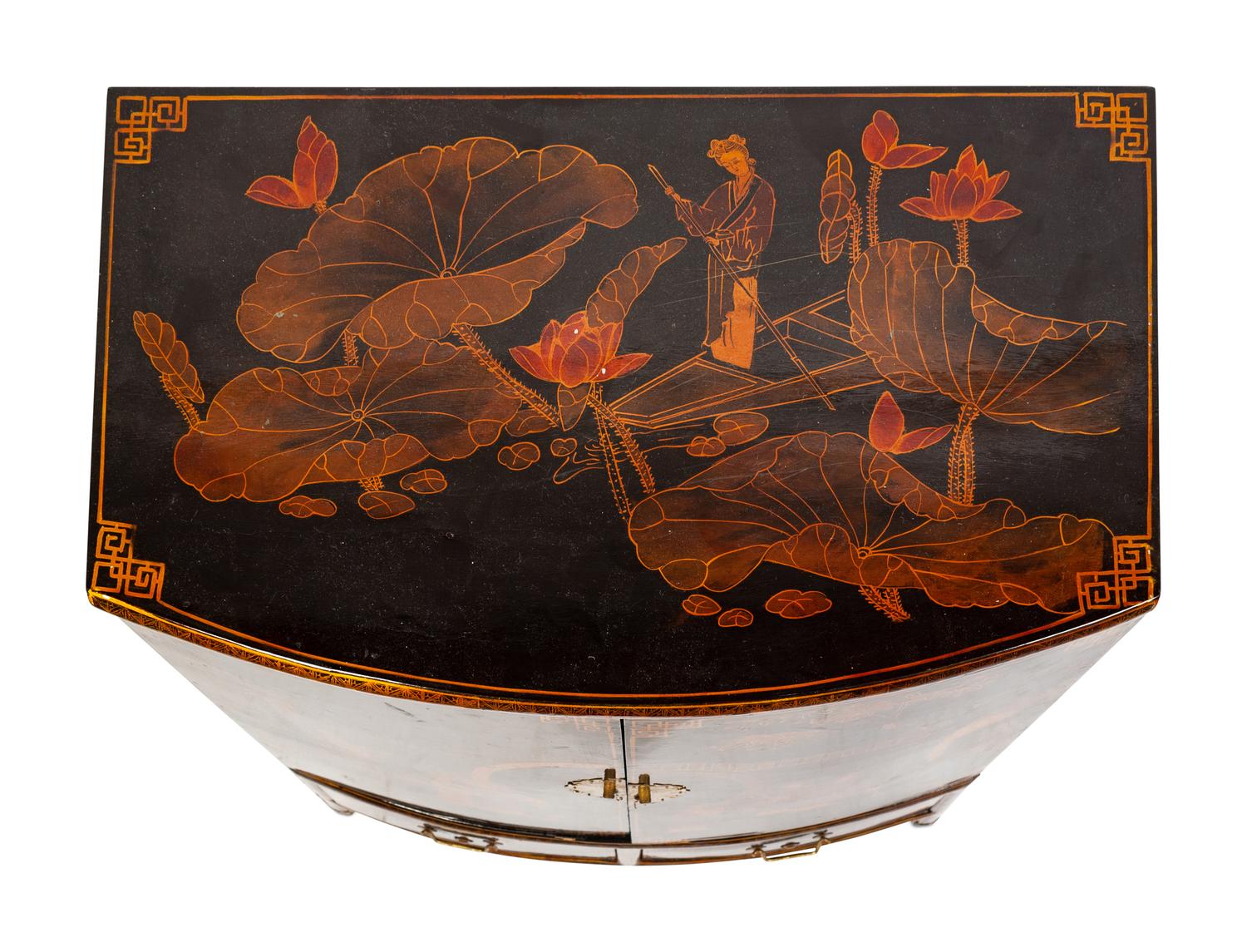 A Regency Style Black Japanned Bow-Front Cabinet