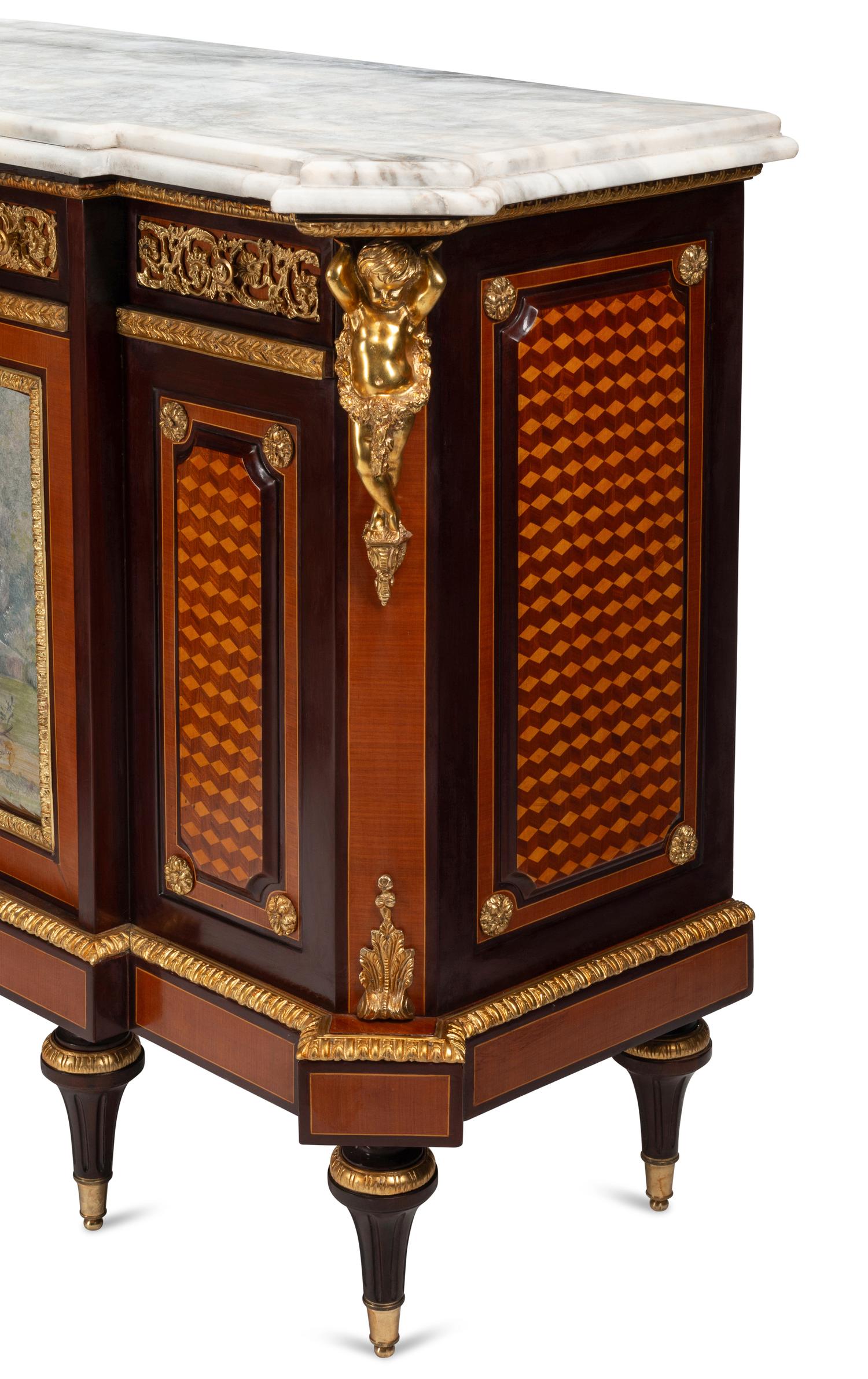 A Matched Pair of Louis XVI Style Gilt Bronze and Porcelain Mounted Parquetry Marble-Top Cabinets