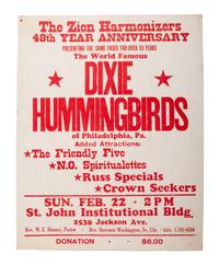 [MUSIC]. A group of 4 posters promoting gospel acts, incl. Soul Stirrers, Mighty Clouds of Joy, New Orleans Jazz & Heritage Festival and Dixie Hummingbirds.