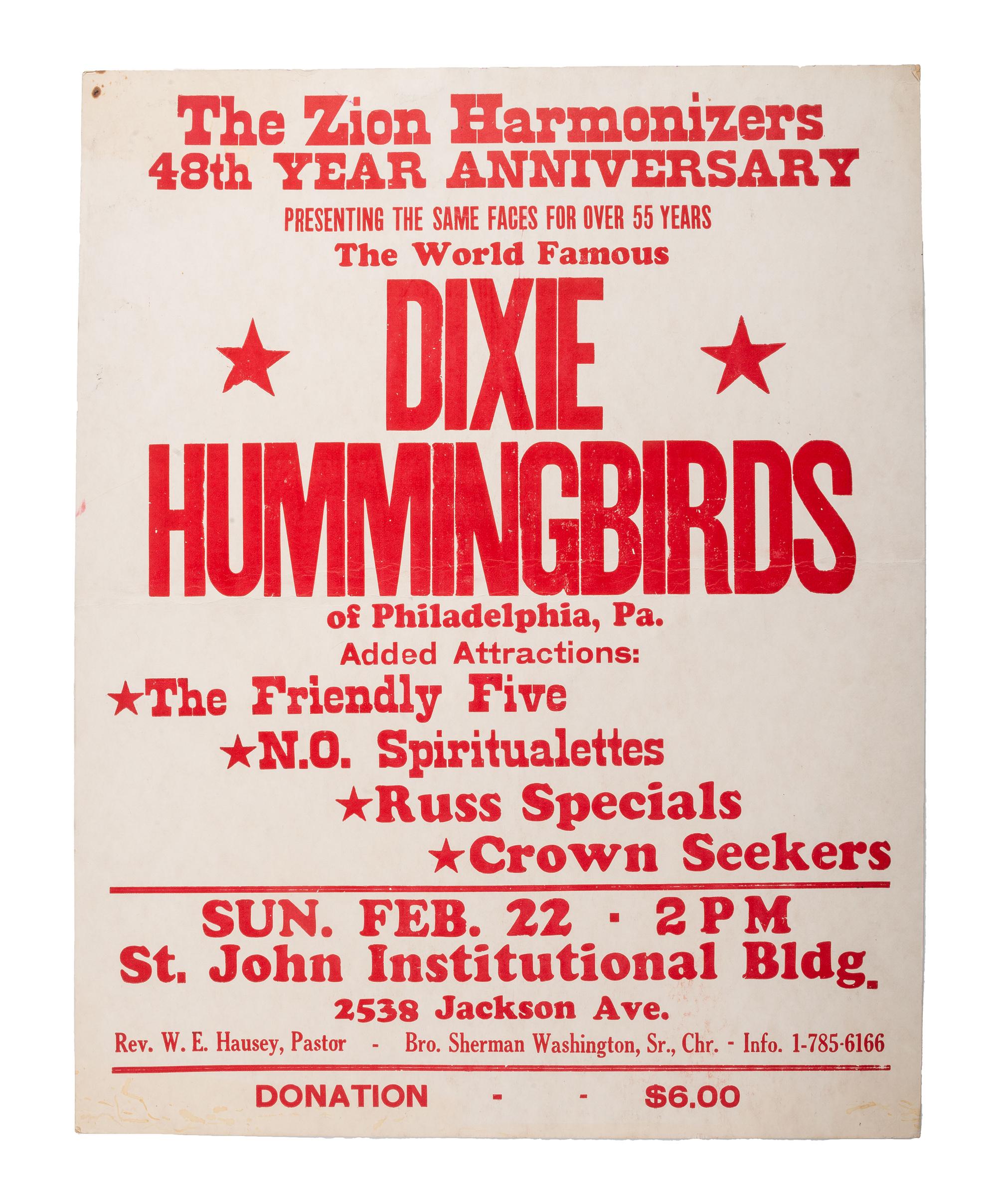 [MUSIC]. A group of 4 posters promoting gospel acts, incl. Soul Stirrers, Mighty Clouds of Joy, New Orleans Jazz & Heritage Festival and Dixie Hummingbirds.