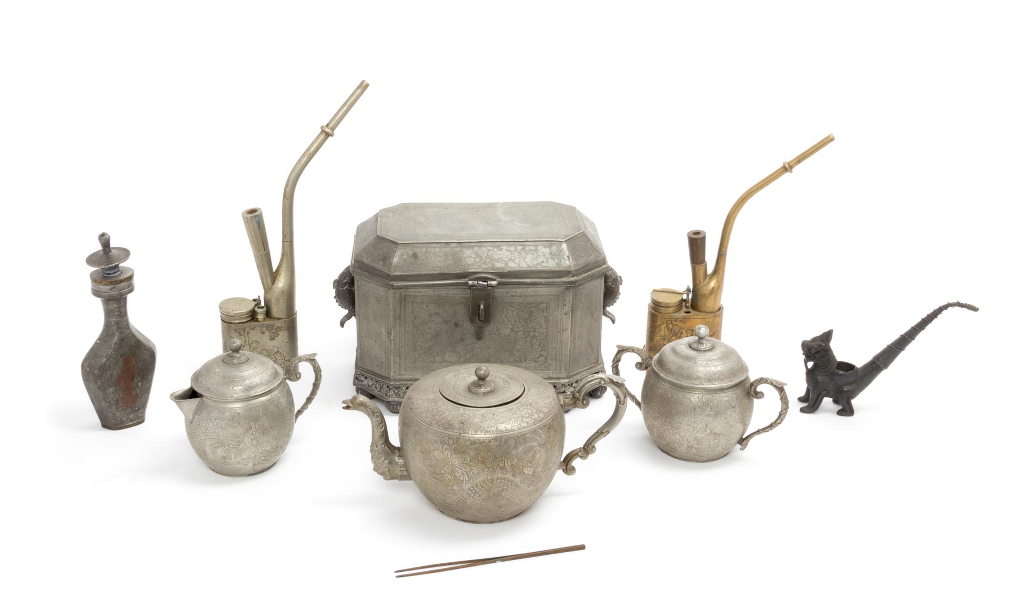 Eight Chinese Pewter Articles Diameter of largest 10 1/2 inches.