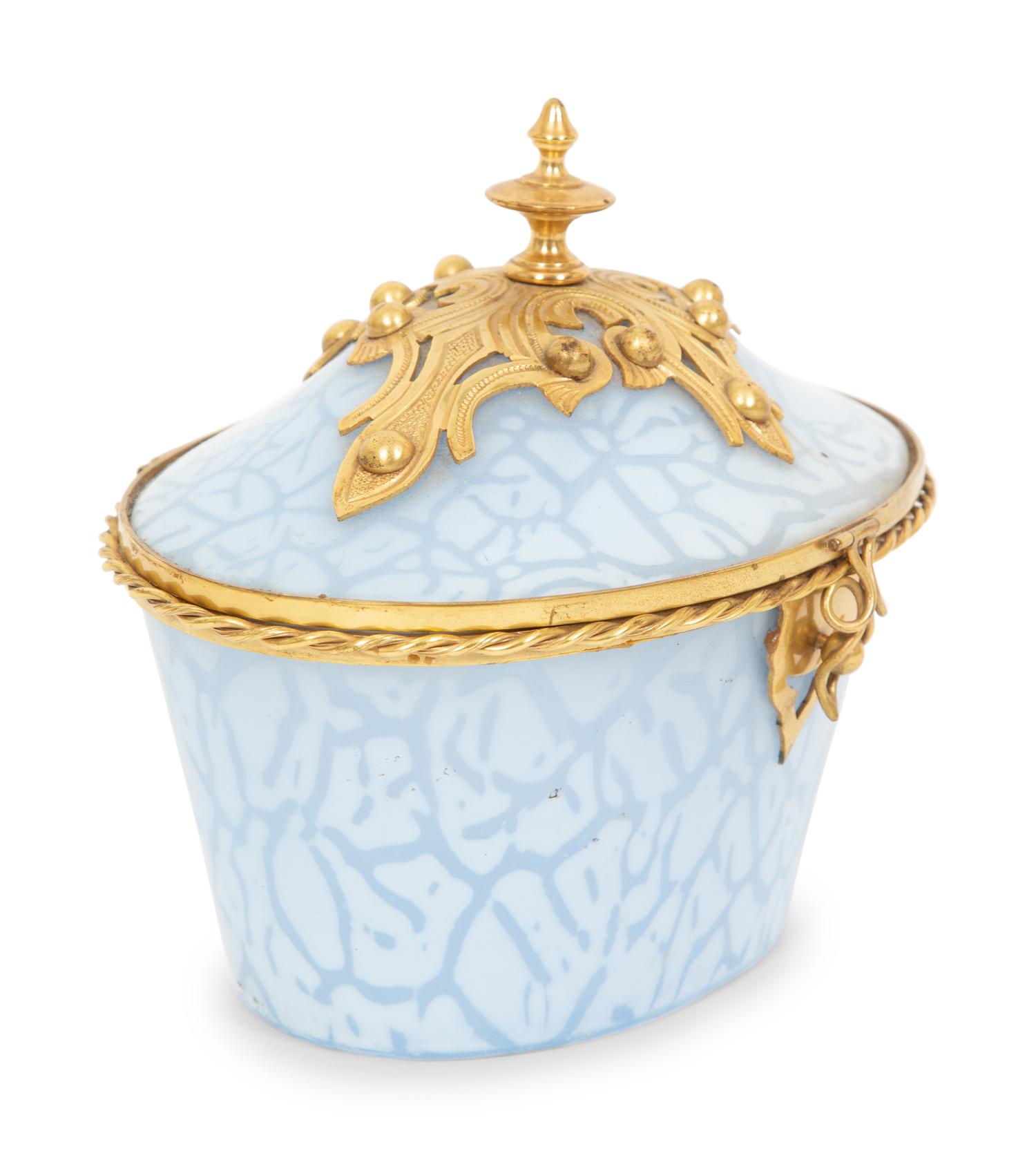 A French Gilt Bronze Mounted Mottled Blue Glass Box
