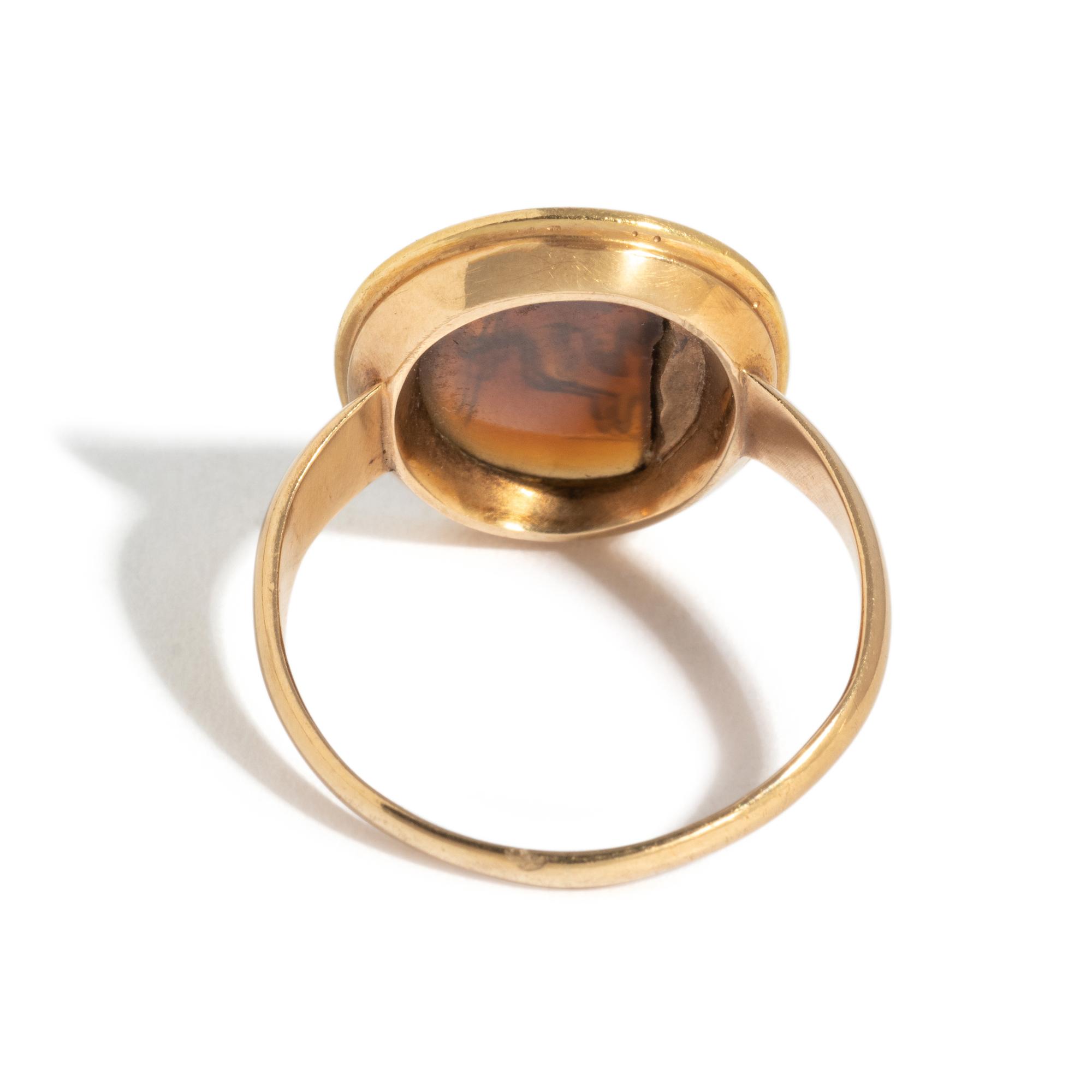 A Roman Carnelian Ring Stone with the God Eros Playing with a Swan — Set in a gold ring