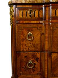 A Louis XV/XVI Transitional Style Marquetry Marble-Top Commode