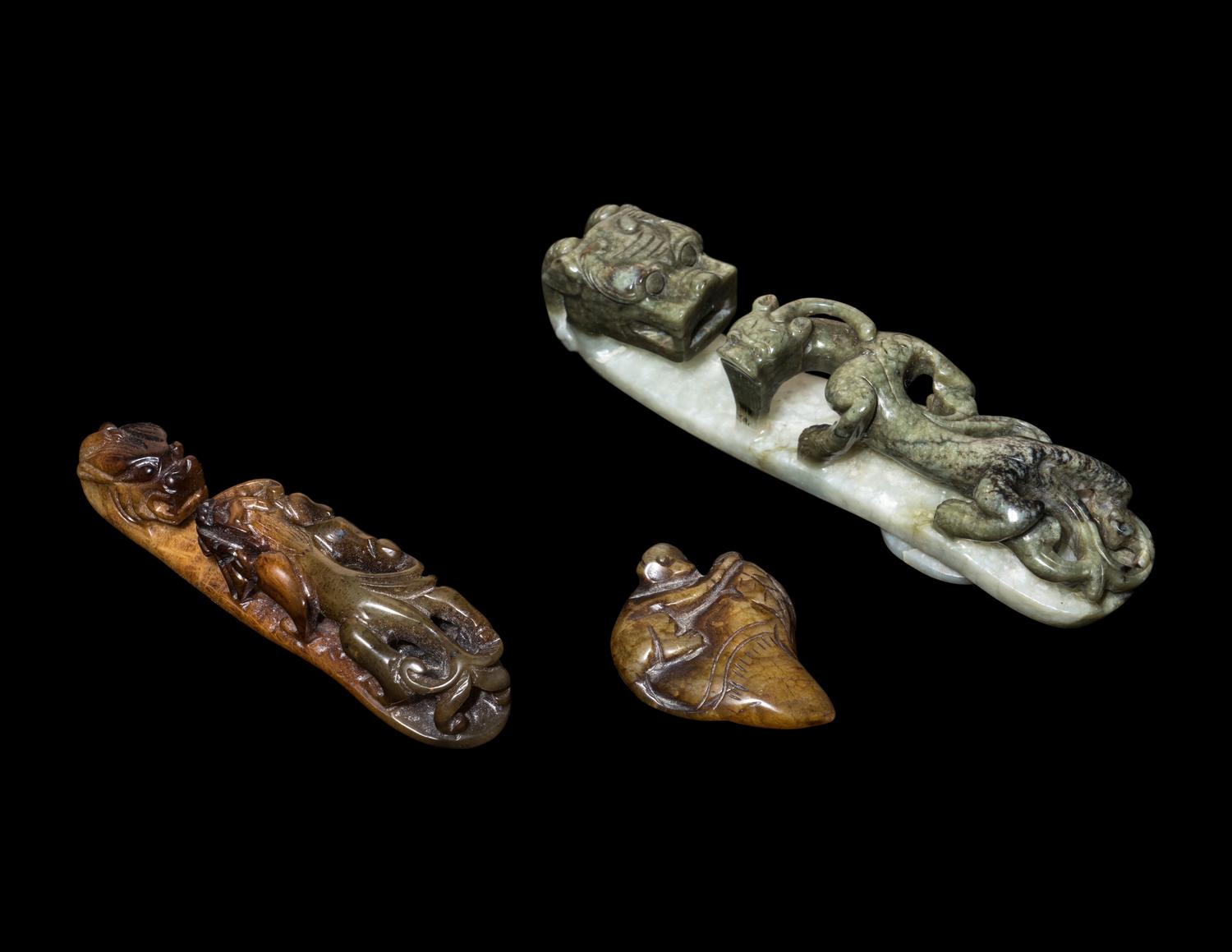 Two Large Chinese Carved Jade 'Chilong' Belt Buckles and One Hardstone Carving