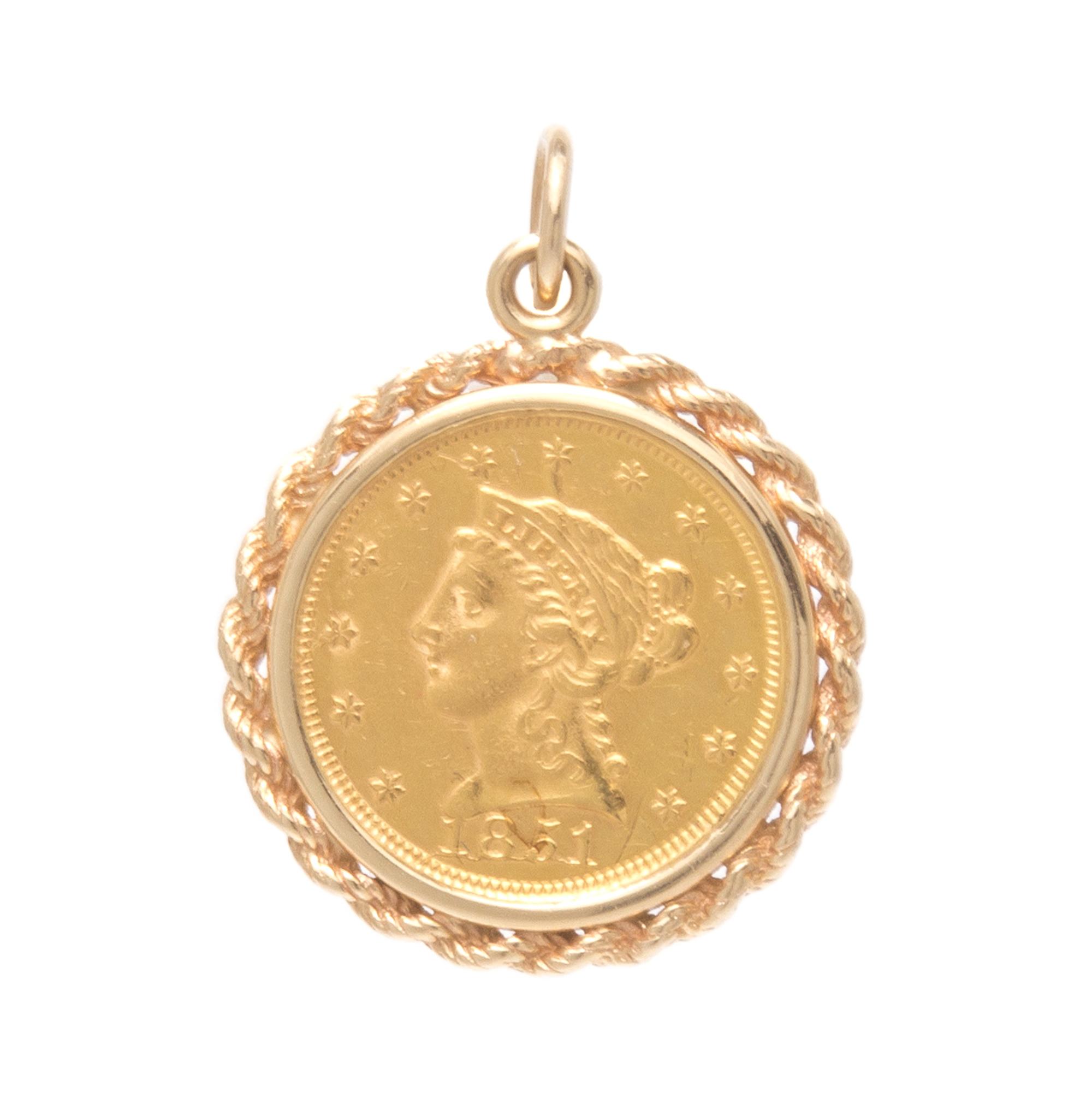 A Yellow Gold and US $2 1/2 Liberty Head Coin Pendant, 4.25 dwts.