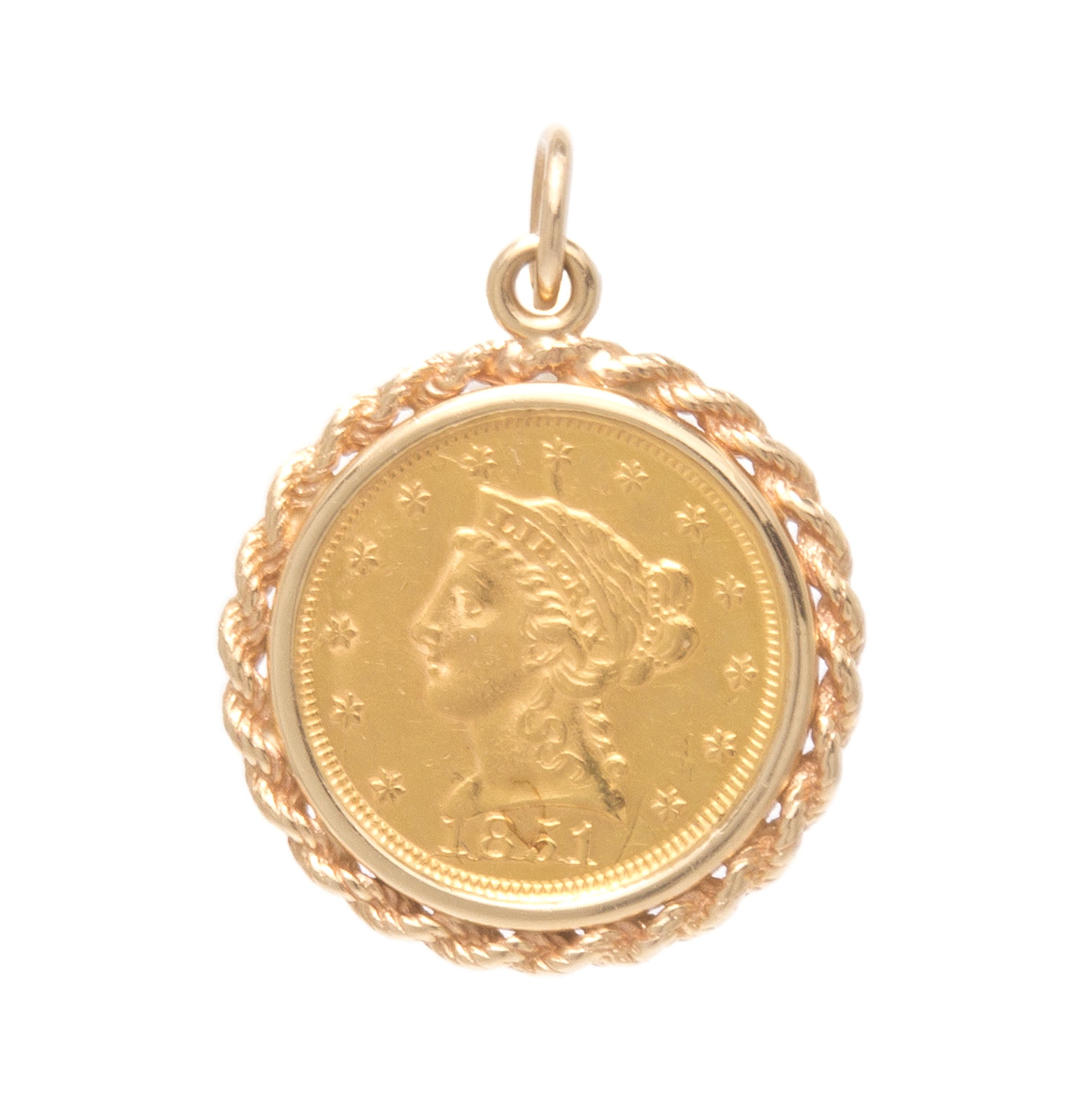 A Yellow Gold and US $2 1/2 Liberty Head Coin Pendant, 4.25 dwts.