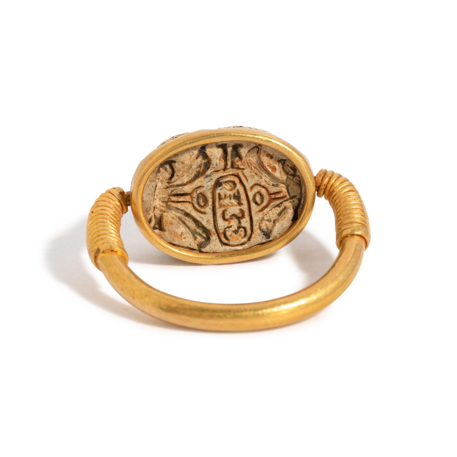 An Egyptian Gold and Steatite Scarab Swivel Ring