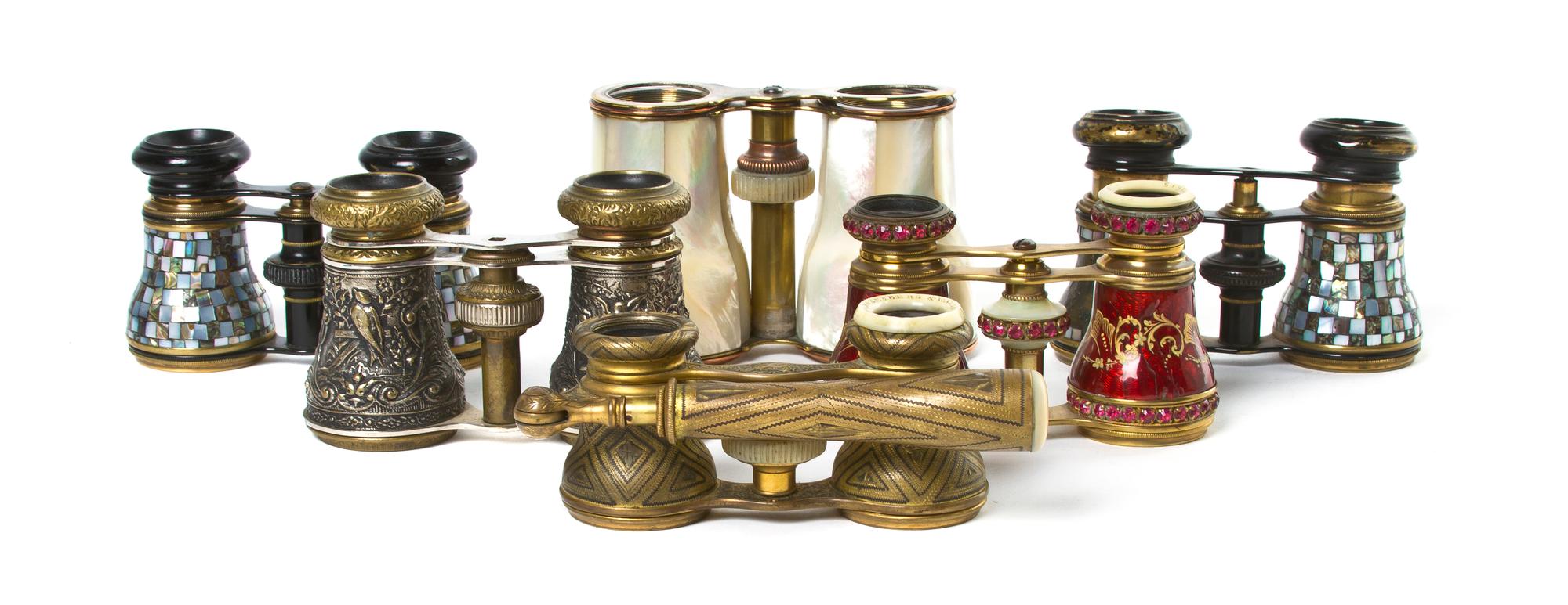 Six Pairs of Primarily French Opera Glass Frames, Width of widest 4 1/2 inches.