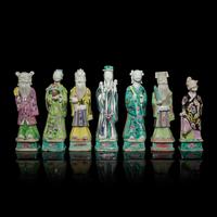 Seven Chinese Famille Rose Porcelain Figures of Daoist Immortals, 19th-20th Century 晚清-民國 粉彩神仙像一組七件