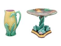 An English Majolica "Corn" Pitcher and an English Majolica "Dolphin" Tazza