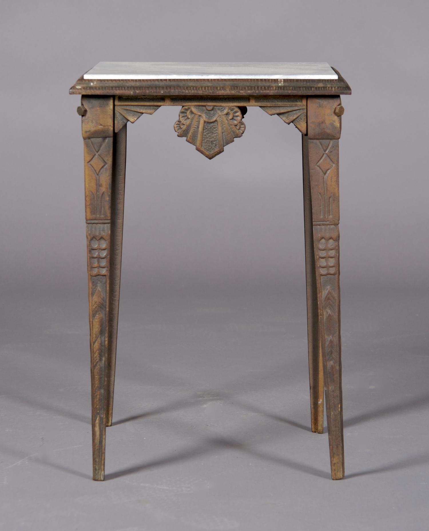 An American Art Deco Iron and Marble Occasional Table, Howell Co., Geneva, Illinois, Height 19 1/2 x width 13 1/4 x depth 13 1/4 inches