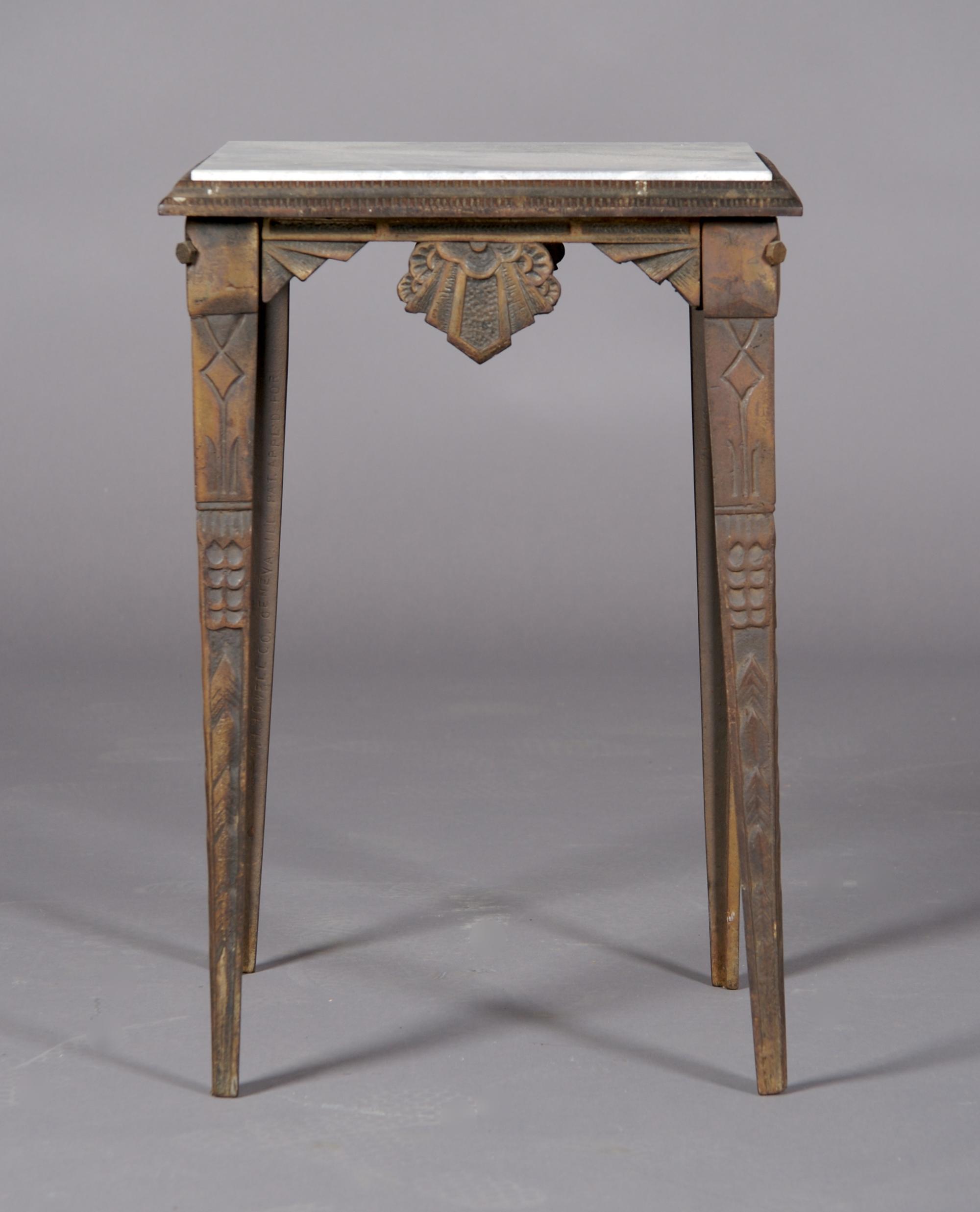 An American Art Deco Iron and Marble Occasional Table, Howell Co., Geneva, Illinois, Height 19 1/2 x width 13 1/4 x depth 13 1/4 inches