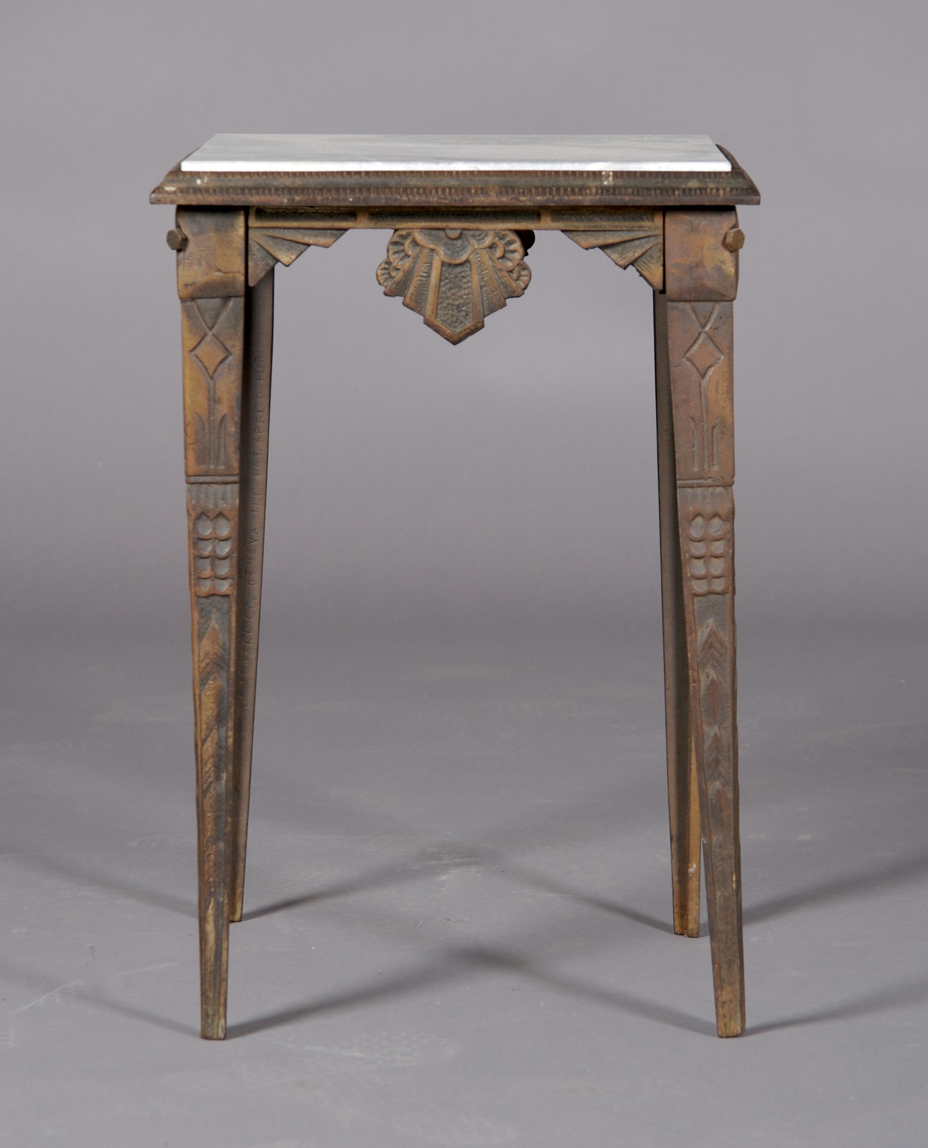 An American Art Deco Iron and Marble Occasional Table, Howell Co., Geneva, Illinois, Height 19 1/2 x width 13 1/4 x depth 13 1/4 inches