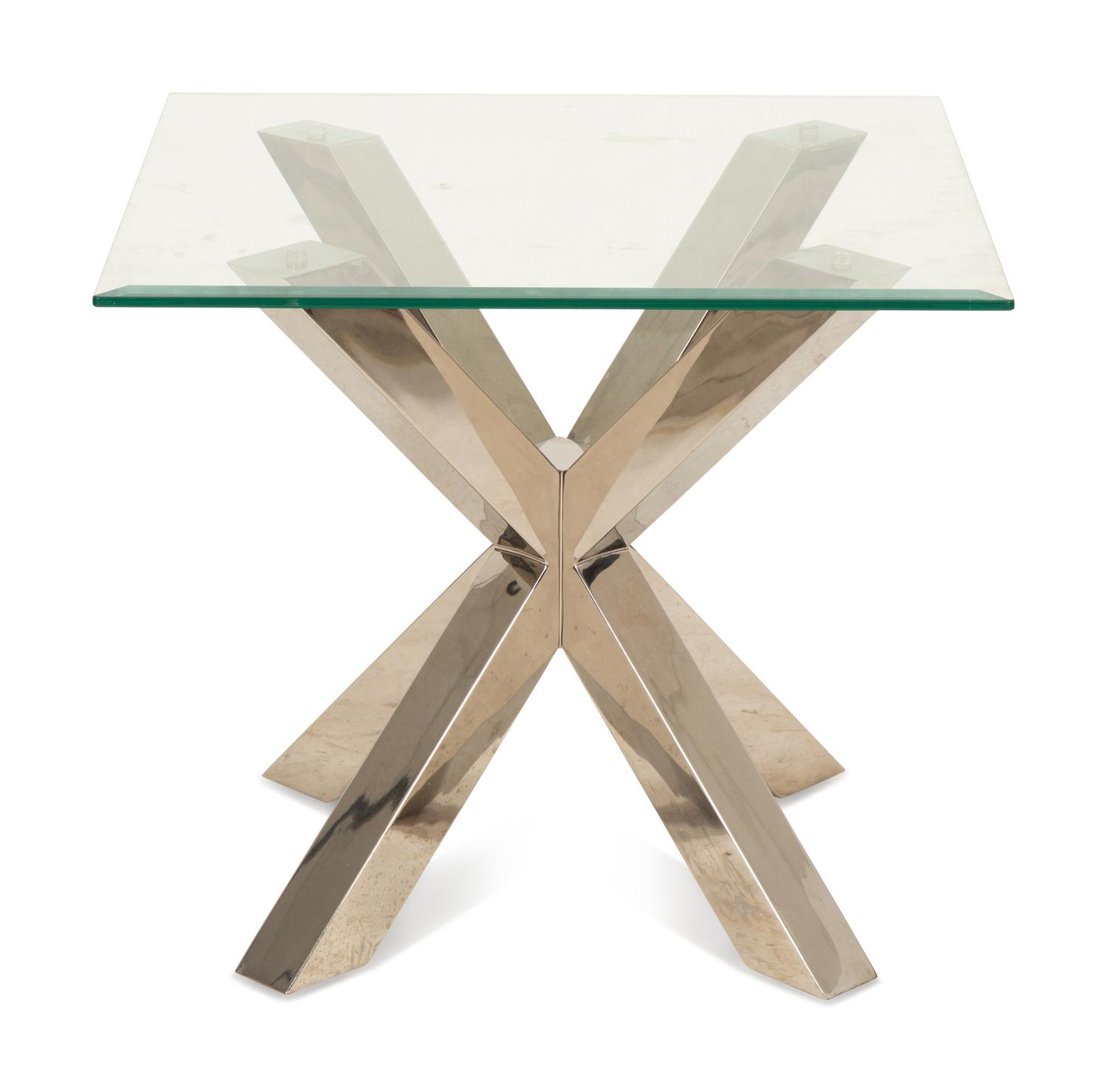 A Contemporary Glass-Top Desk with an X-Form Chrome Base and a Side Table