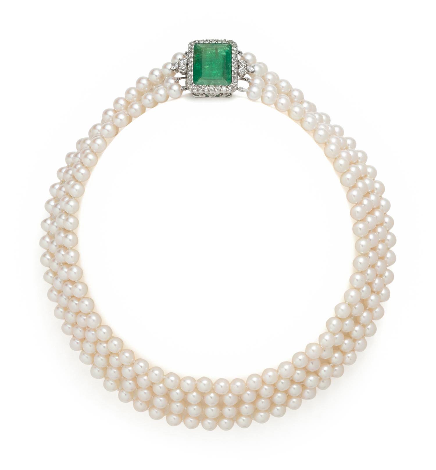 CULTURED PEARL, EMERALD AND DIAMOND MULTISTRAND NECKLACE