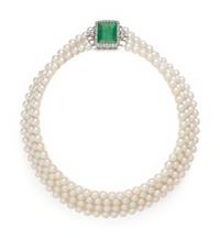 CULTURED PEARL, EMERALD AND DIAMOND MULTISTRAND NECKLACE