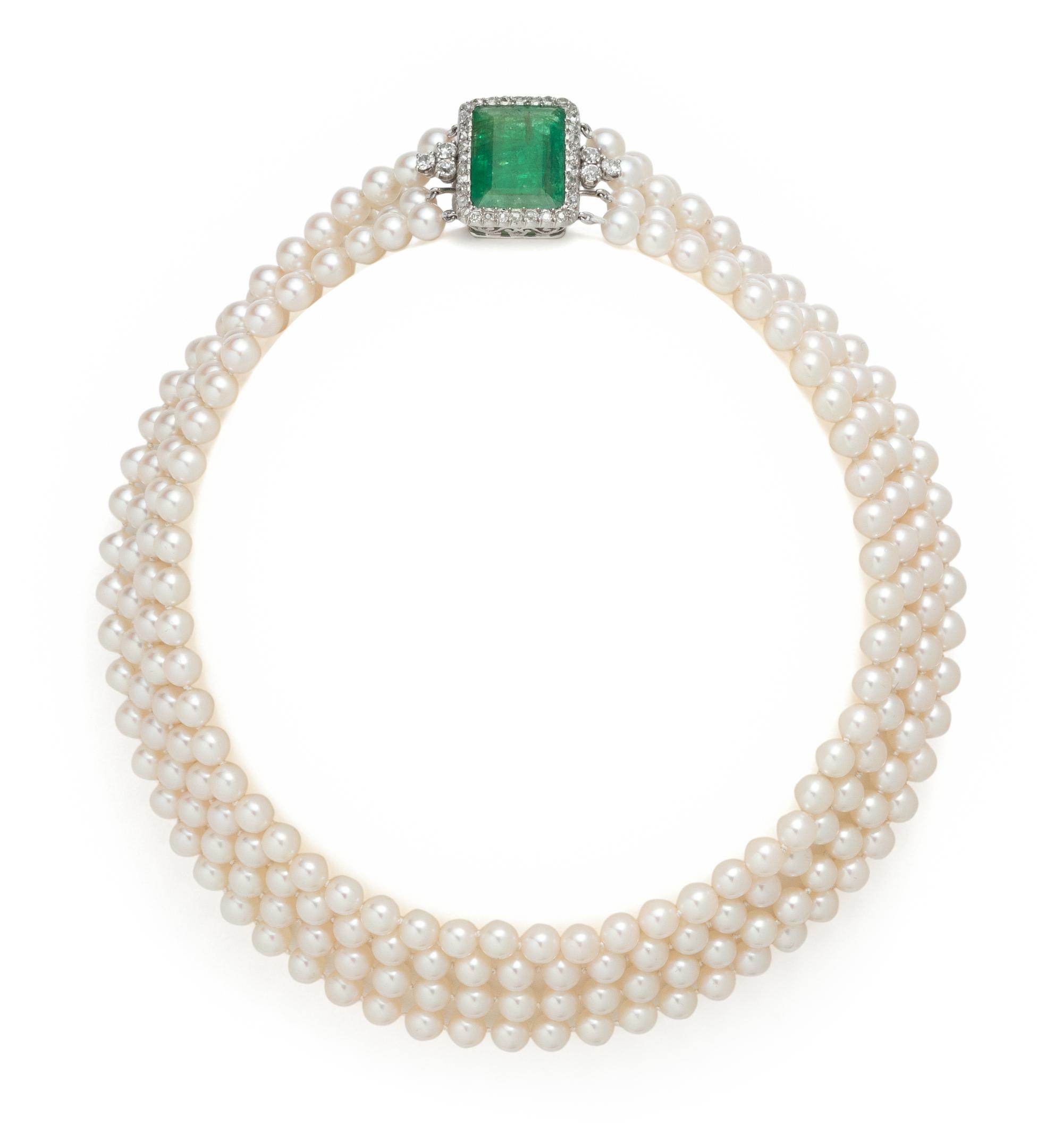 CULTURED PEARL, EMERALD AND DIAMOND MULTISTRAND NECKLACE