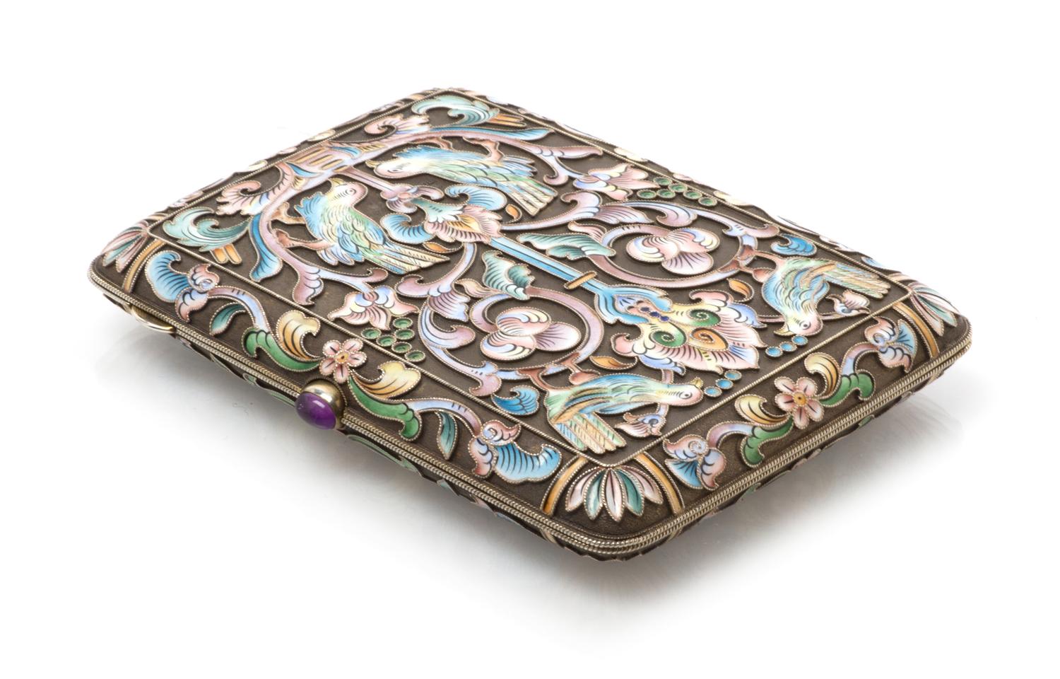 A Russian Silver and Enamel Cigarette Case, Mark of Pavel Ovchinnikov with Imperial warrant, Moscow, the case decorated with polychrome