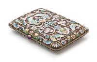 A Russian Silver and Enamel Cigarette Case, Mark of Pavel Ovchinnikov with Imperial warrant, Moscow, the case decorated with polychrome
