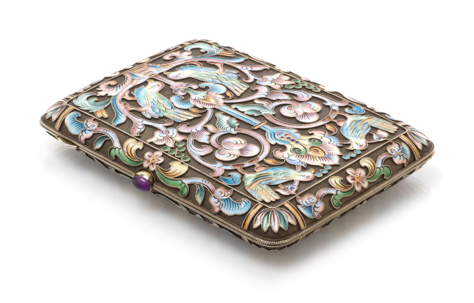 A Russian Silver and Enamel Cigarette Case, Mark of Pavel Ovchinnikov with Imperial warrant, Moscow, the case decorated with polychrome