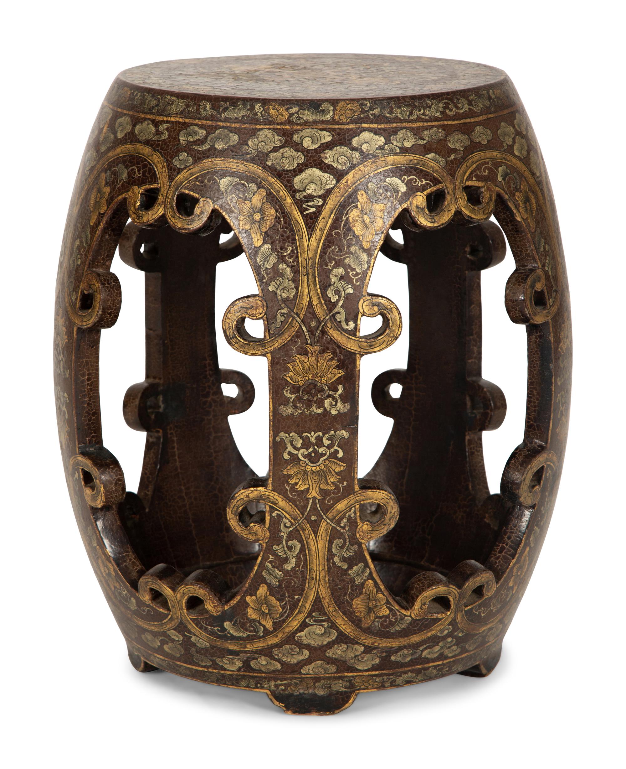 A Chinese Gilt and Black Lacquered Wood Garden Seat