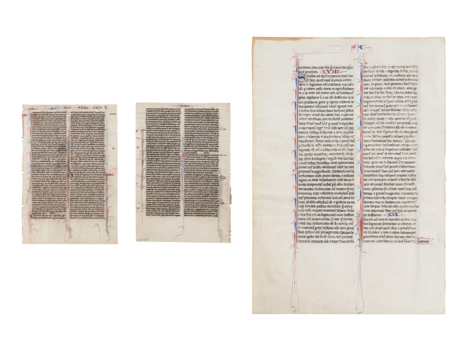 PARIS WORKSHOPS (DOMINICAN PAINTER active c. 1230–1250; JOHANNES GRUSCH ATELIER, active c. 1235–1270) Three leaves from a Bible, with two historiated initials, Saints Paul and Saint Mark, in Latin, illuminated manuscript on vellum [France, Paris, c. 1240–1260]