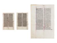 PARIS WORKSHOPS (DOMINICAN PAINTER active c. 1230–1250; JOHANNES GRUSCH ATELIER, active c. 1235–1270) Three leaves from a Bible, with two historiated initials, Saints Paul and Saint Mark, in Latin, illuminated manuscript on vellum [France, Paris, c. 1240–1260]