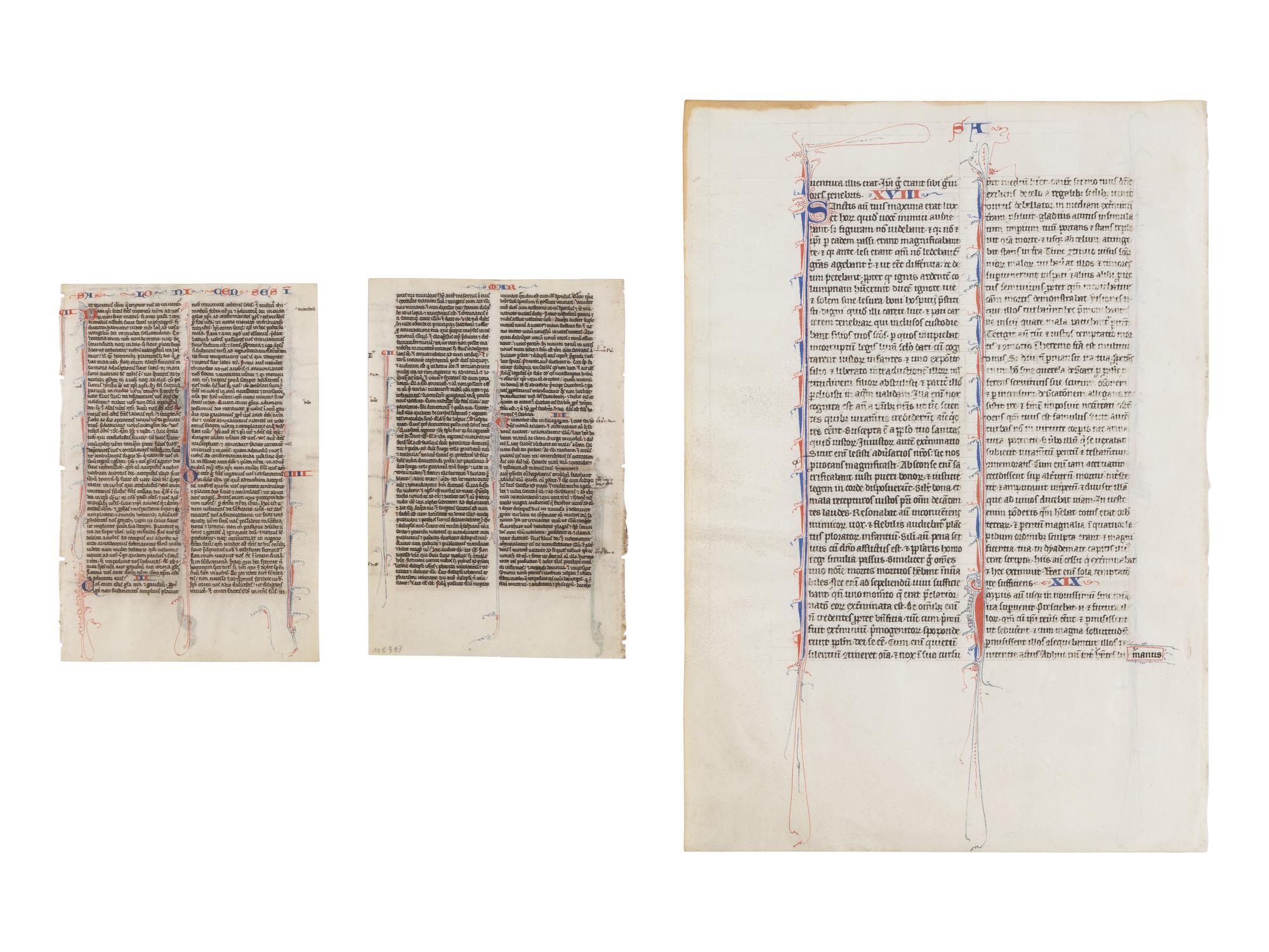PARIS WORKSHOPS (DOMINICAN PAINTER active c. 1230–1250; JOHANNES GRUSCH ATELIER, active c. 1235–1270) Three leaves from a Bible, with two historiated initials, Saints Paul and Saint Mark, in Latin, illuminated manuscript on vellum [France, Paris, c. 1240–1260]