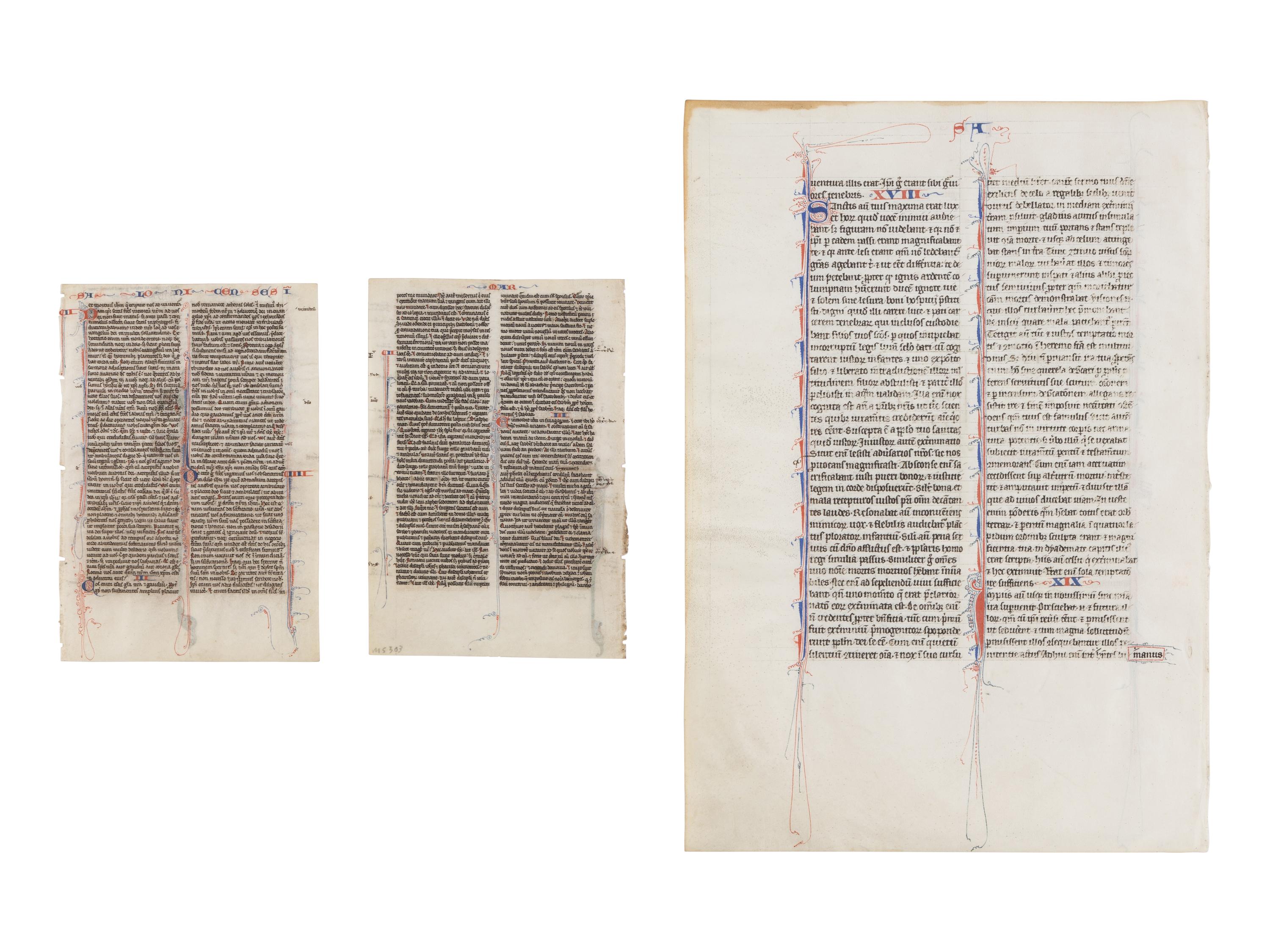 PARIS WORKSHOPS (DOMINICAN PAINTER active c. 1230–1250; JOHANNES GRUSCH ATELIER, active c. 1235–1270) Three leaves from a Bible, with two historiated initials, Saints Paul and Saint Mark, in Latin, illuminated manuscript on vellum [France, Paris, c. 1240–1260]