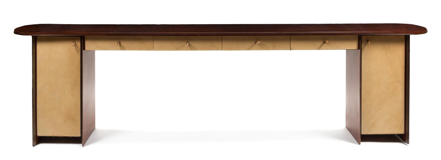 A Leather and Rosewood Artona Console, Afra and Tobia Scarpa for Maxalto 10ft. 2 in x W 32 x D 33 inches. — CIRCA 1979