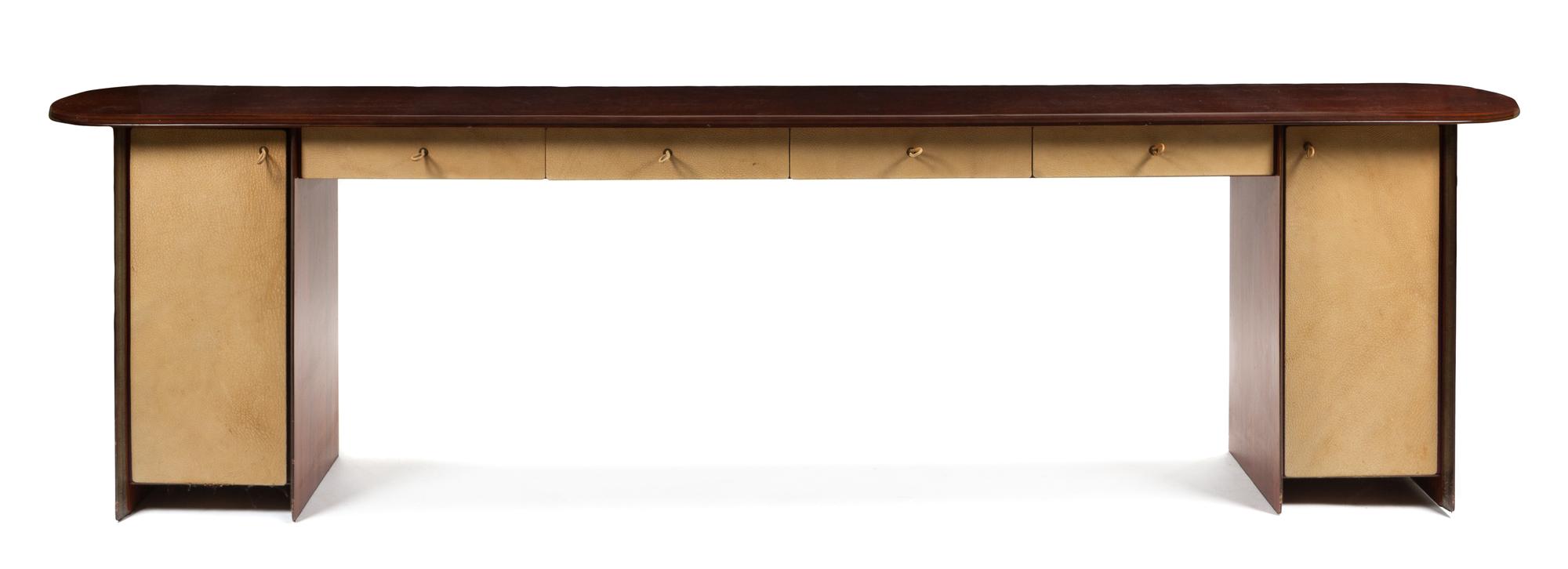 A Leather and Rosewood Artona Console, Afra and Tobia Scarpa for Maxalto 10ft. 2 in x W 32 x D 33 inches. — CIRCA 1979