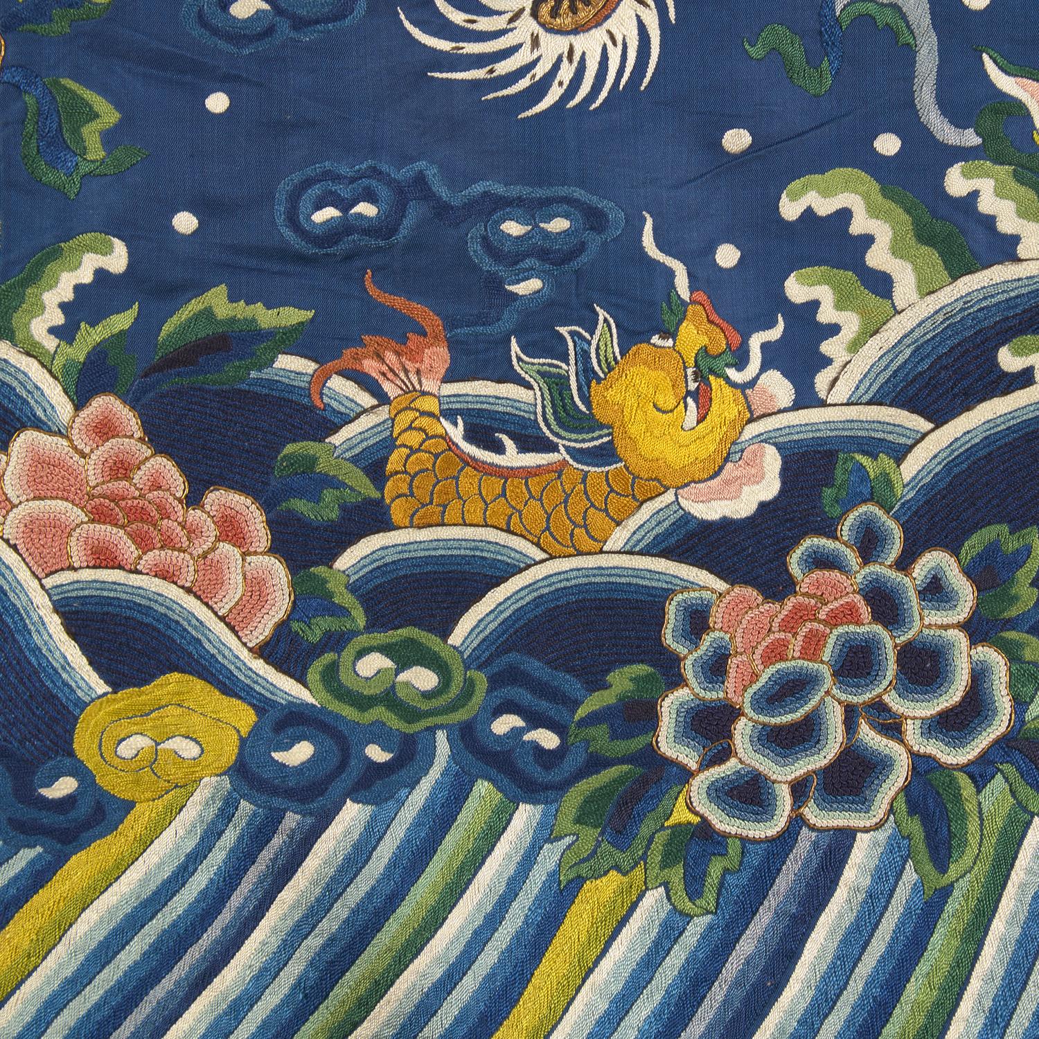 A Chinese Embroidered Blue Silk Dragon Robe, Second Half 19th Century — 晚清 藍緞地綉龍紋袍
