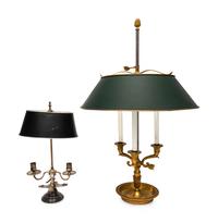 Two Empire Style Bouillotte Lamps with Tole Shades