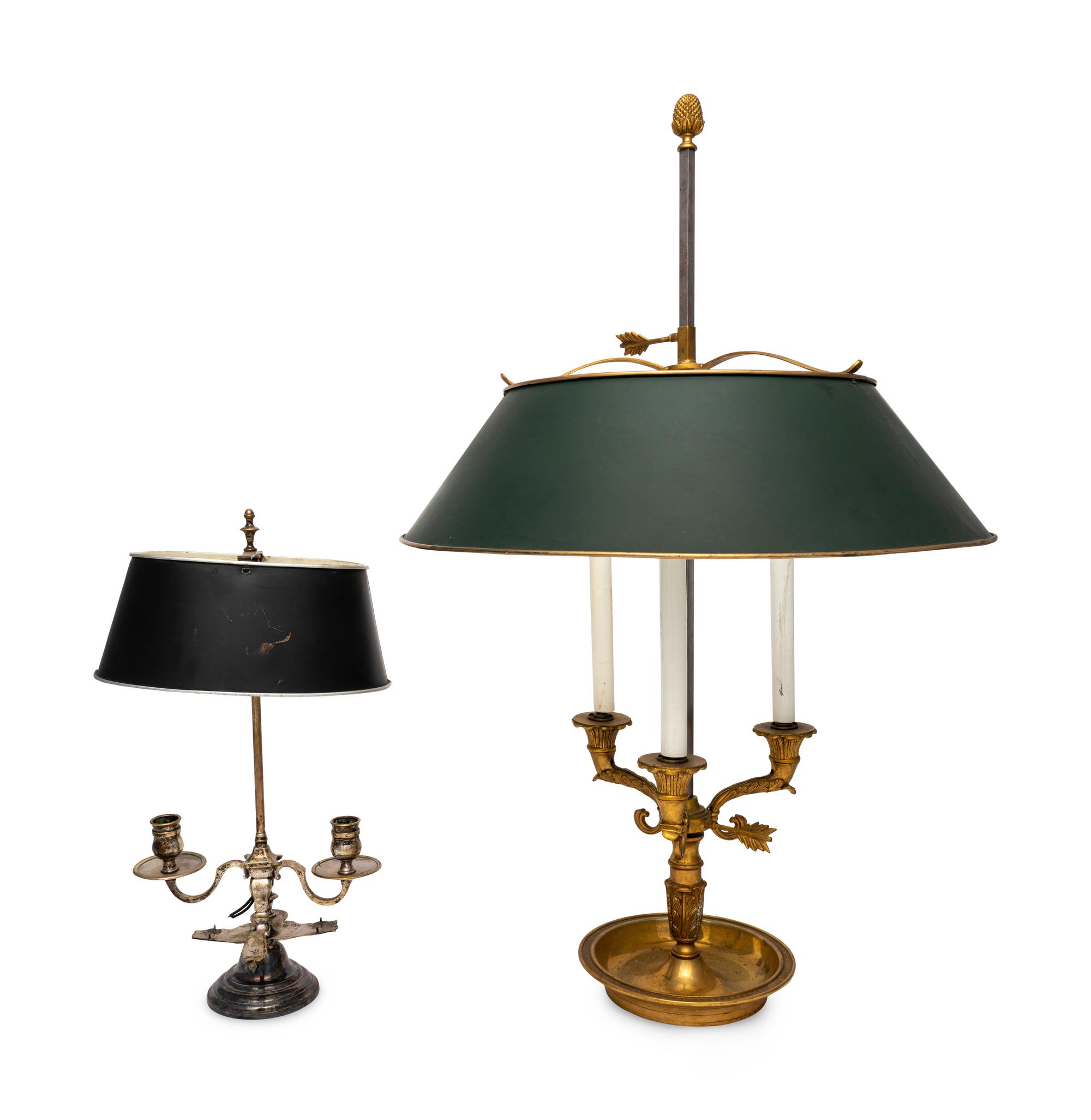 Two Empire Style Bouillotte Lamps with Tole Shades