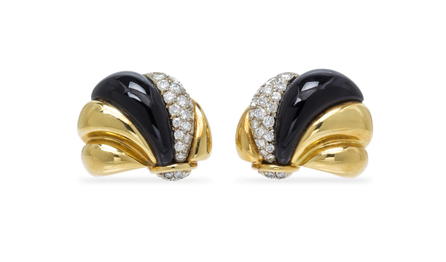 A Pair of 18 Karat Yellow Gold, Onyx and Diamond Earclips, 13.70 dwts.