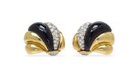 A Pair of 18 Karat Yellow Gold, Onyx and Diamond Earclips, 13.70 dwts.