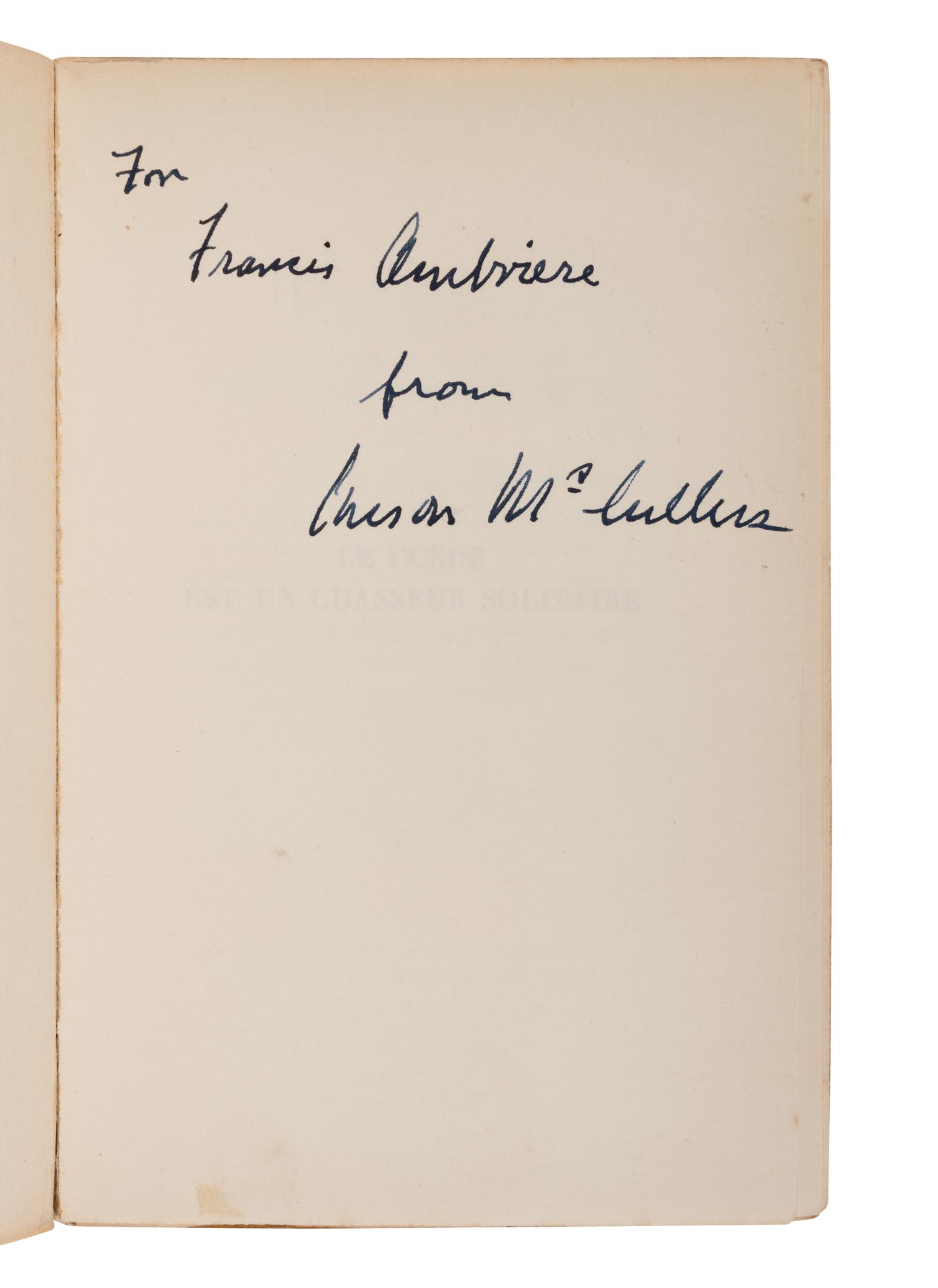 McCULLERS, Carson (1917-1967). Le coeur est un chasseur solitaire . [The Heart is a Lonely Hunter]. Paris: Editions Stock, 1947.