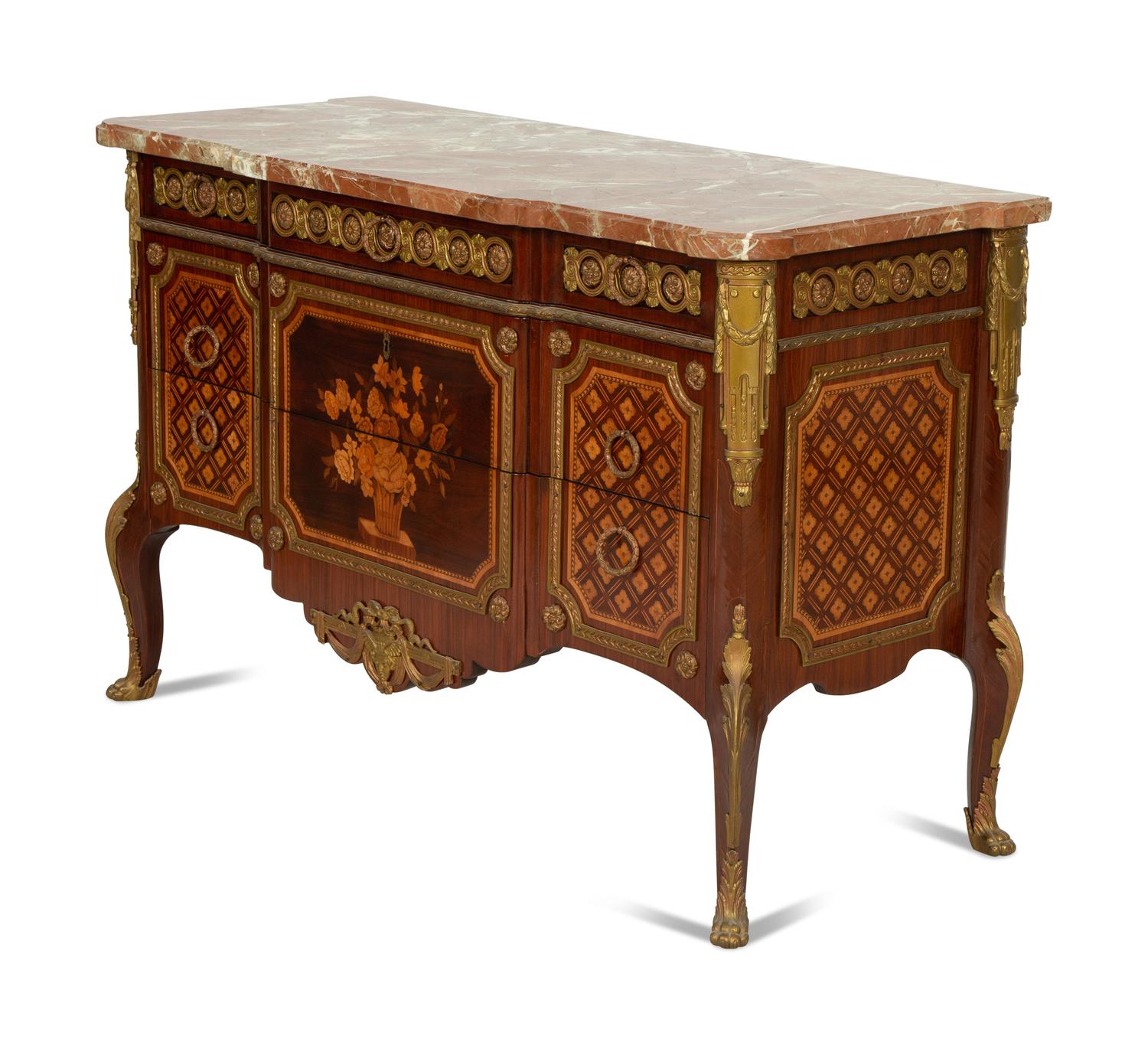 A Louis XV/XVI Transitional Style Gilt Metal Mounted Marquetry Marble-Top Commode