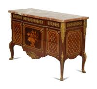 A Louis XV/XVI Transitional Style Gilt Metal Mounted Marquetry Marble-Top Commode