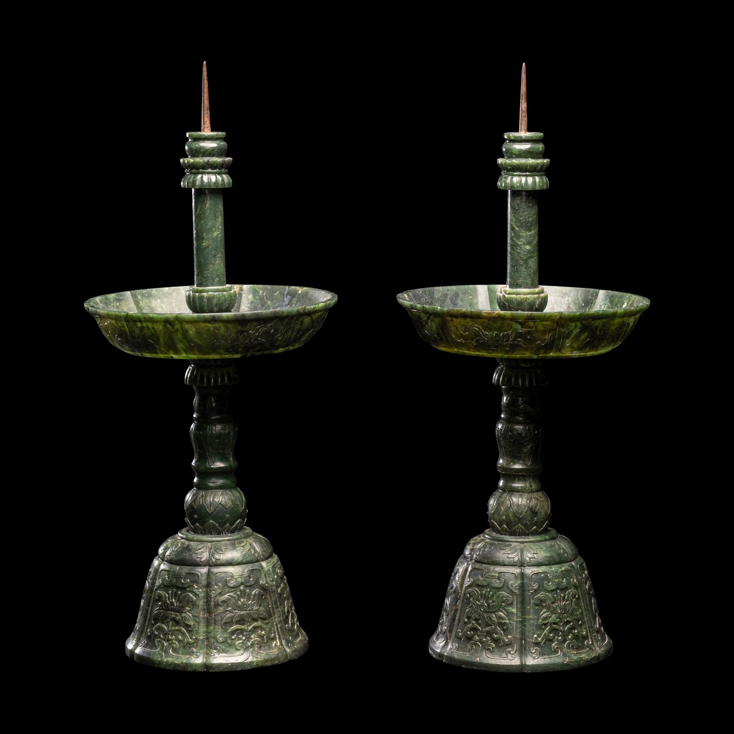 A Pair of Chinese Carved Spinach Jade Pricket Candlesticks