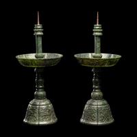 A Pair of Chinese Carved Spinach Jade Pricket Candlesticks