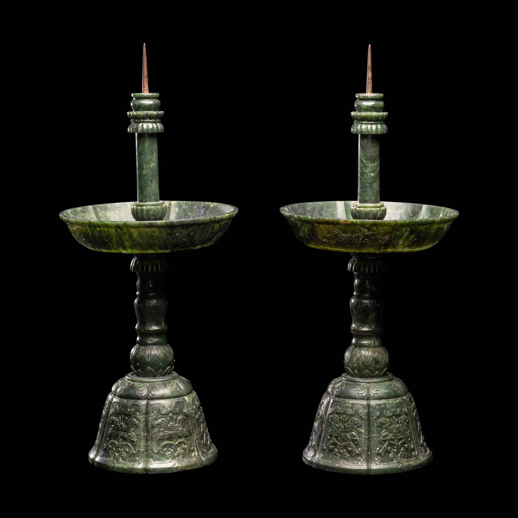 A Pair of Chinese Carved Spinach Jade Pricket Candlesticks