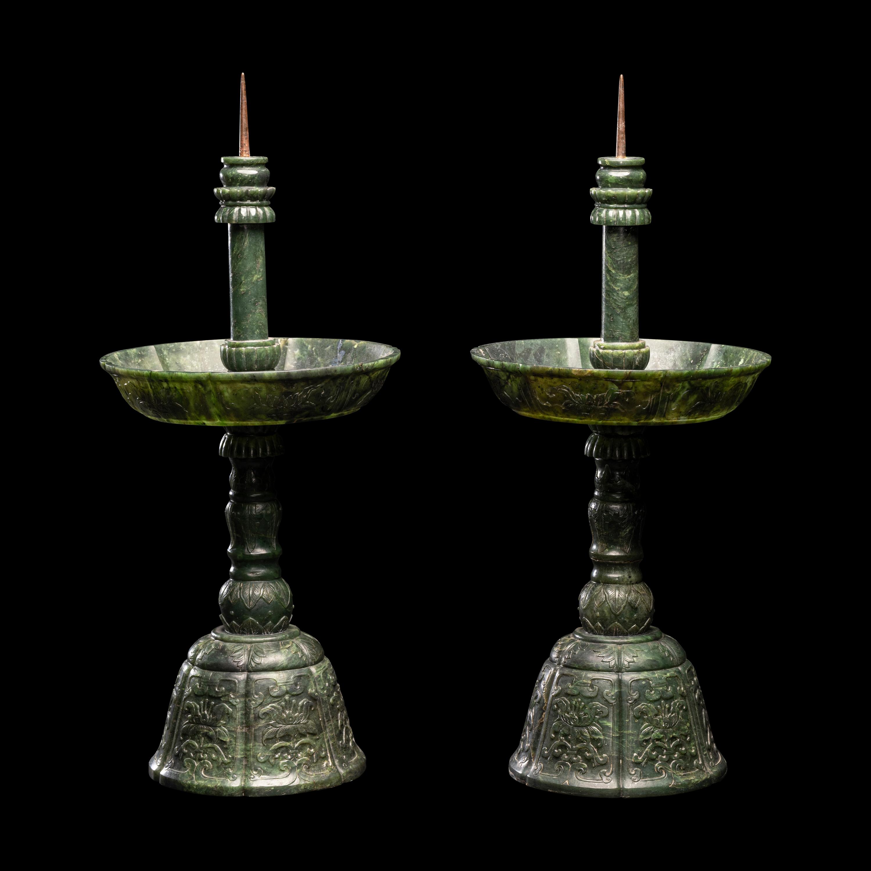A Pair of Chinese Carved Spinach Jade Pricket Candlesticks