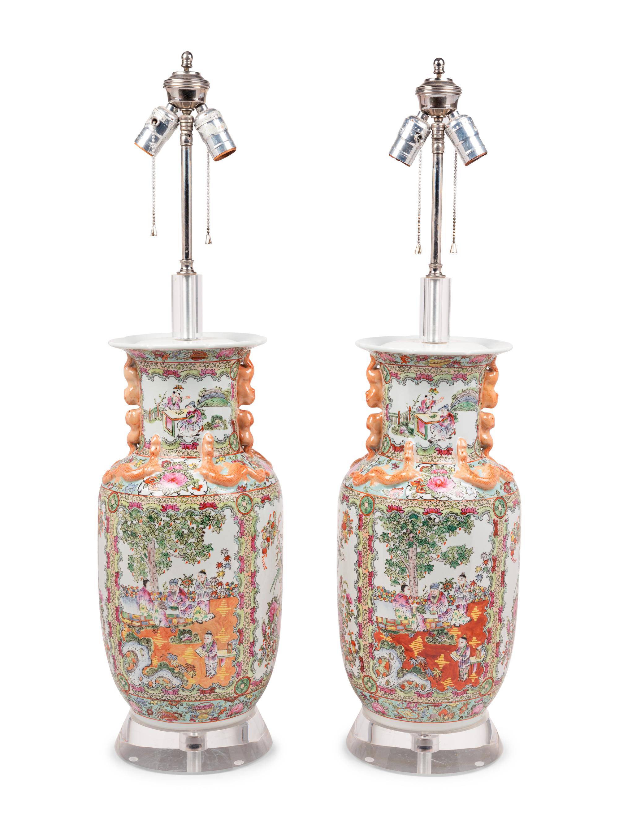 A Pair of Rose Medallion Porcelain Vases Mounted as Lamps