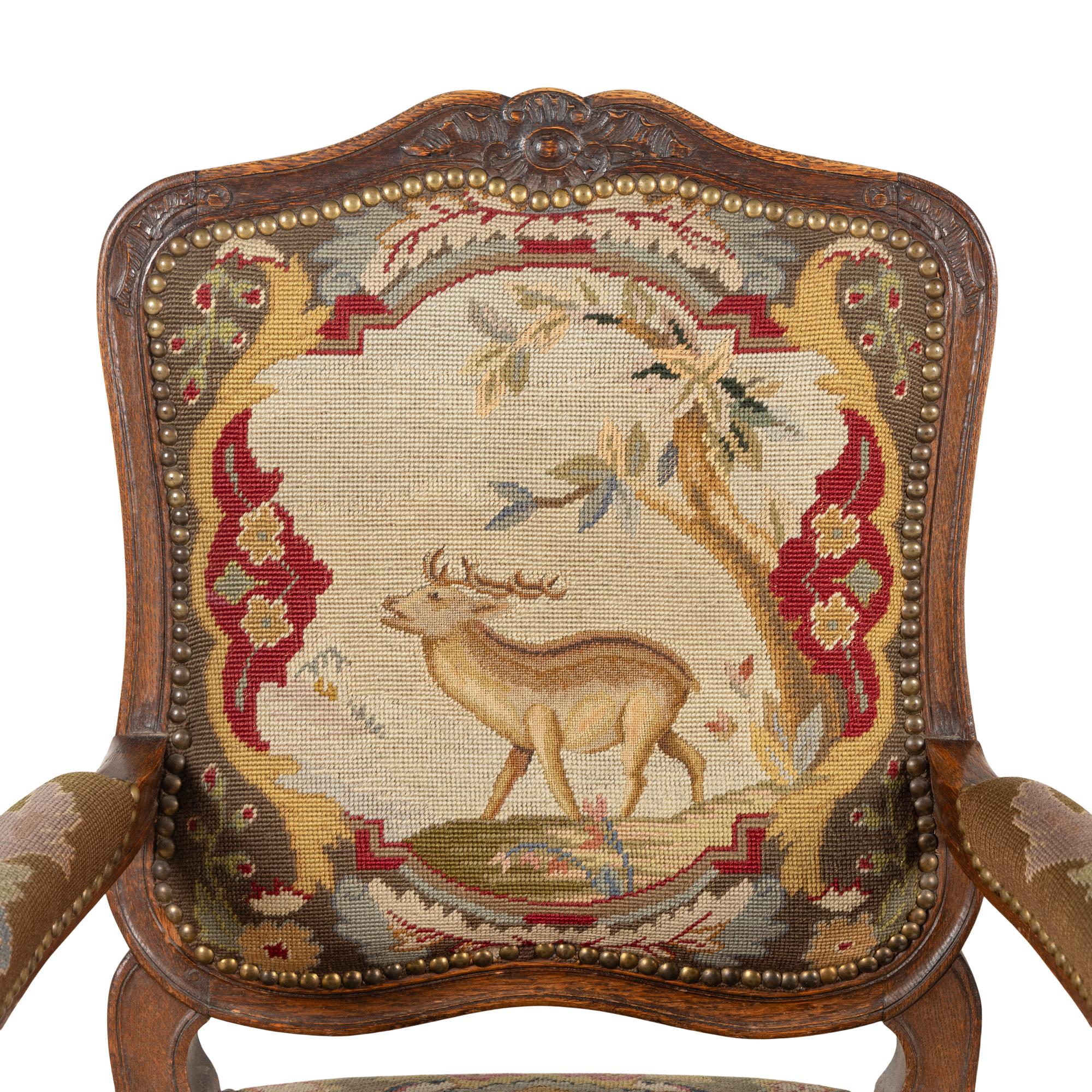 A Pair of Louis XV Style Needlepoint-Upholstered Fauteuils