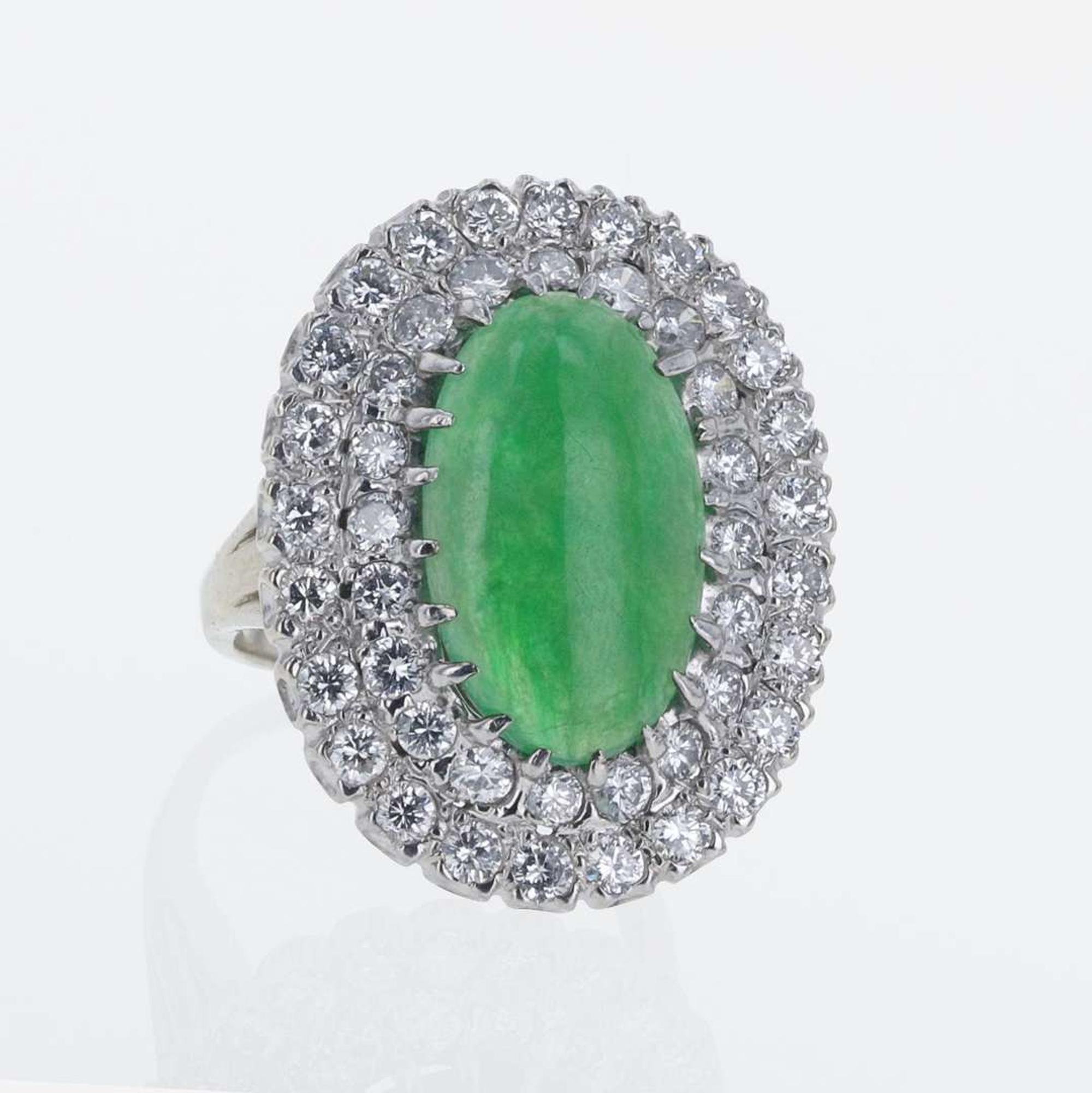 A 14K White Gold Jadeite and Diamond Ring