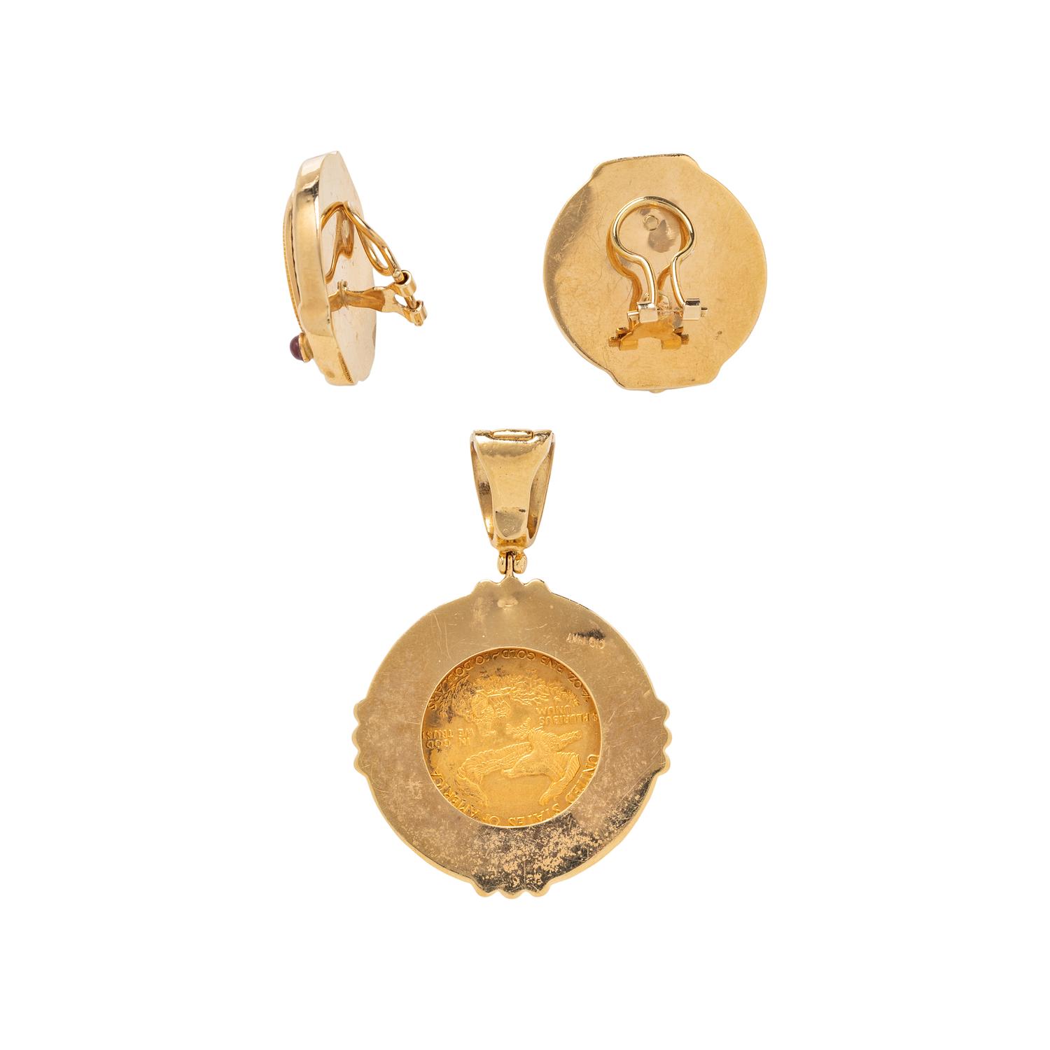 YELLOW GOLD LIBERTY COIN CLIP EARRINGS AND PENDANT