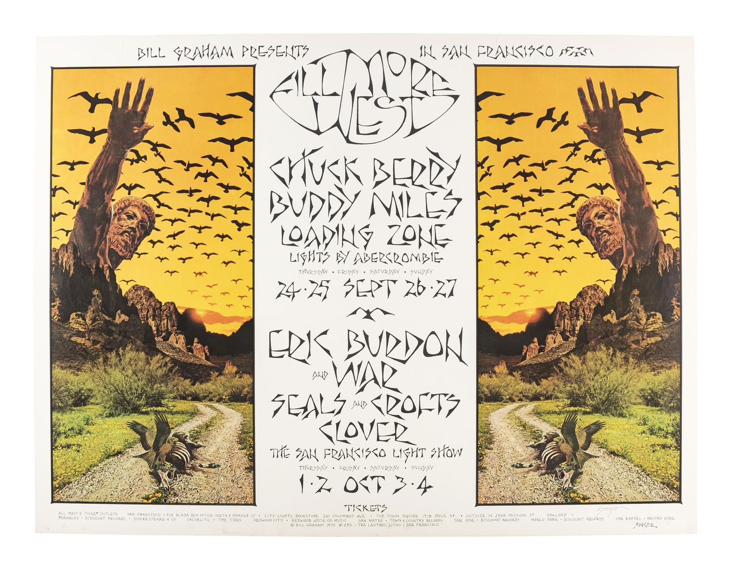 [MUSIC - POSTERS]. SINGER, David, artist. Complete set of 66 SIGNED posters designed for the Fillmore West Ballroom, San Francisco, California. 1969-1971.