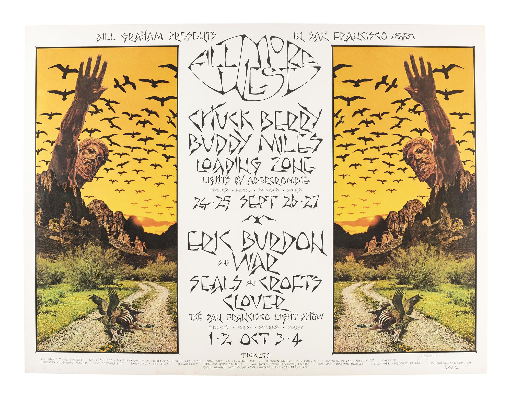 [MUSIC - POSTERS]. SINGER, David, artist. Complete set of 66 SIGNED posters designed for the Fillmore West Ballroom, San Francisco, California. 1969-1971.